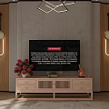 Wooden TV Stand With TV Flowers Decorative Items Modern Lighting And Textured Living Room Wall