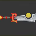 Decorative Sword With Red Circular Handle Yellow Letter E Silver Blade And Ornate Design