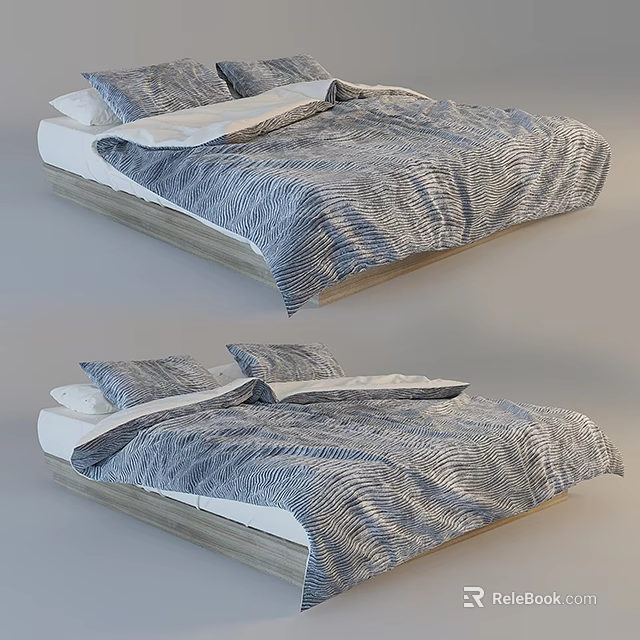Double Bed With Striped Comforter White Sheets And Wooden Frame Design 3d model 