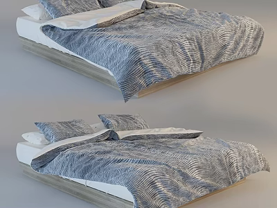 Double Bed With Striped Comforter White Sheets And Wooden Frame Design 3d model