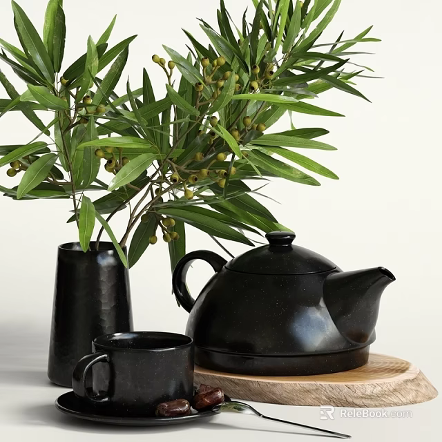 Decorative Ornament Set With Black Vase Teapot Mug And Green Leaves On Wooden Base 3d model 
