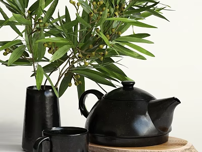 Decorative Ornament Set With Black Vase Teapot Mug And Green Leaves On Wooden Base 3d model