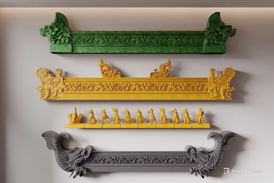 Ancient Chinese Architecture Ornate Decorative Parts Featuring Dragon Carvings Human Figures Green Yellow Gray 3d model 
