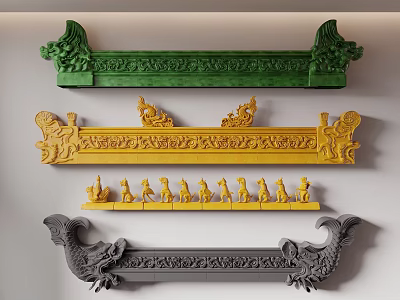Ancient Chinese Architecture Ornate Decorative Parts Featuring Dragon Carvings Human Figures Green Yellow Gray 3d model