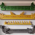 Ancient Chinese Architecture Ornate Decorative Parts Featuring Dragon Carvings Human Figures Green Yellow Gray
