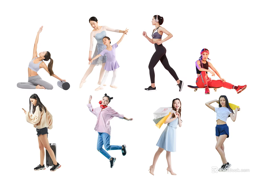 Group of People Doing Various Activities With Dancing Running Skateboarding And Shopping 3d model 
