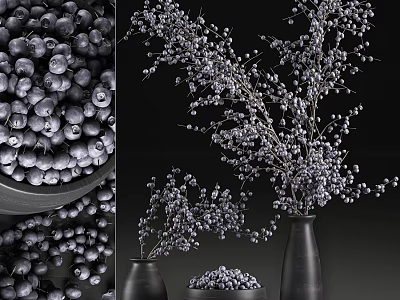 Fresh Ripe Blueberries In Bowl And Decorative Branches Arranged In Black Vases 3d model