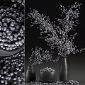 Fresh Ripe Blueberries In Bowl And Decorative Branches Arranged In Black Vases