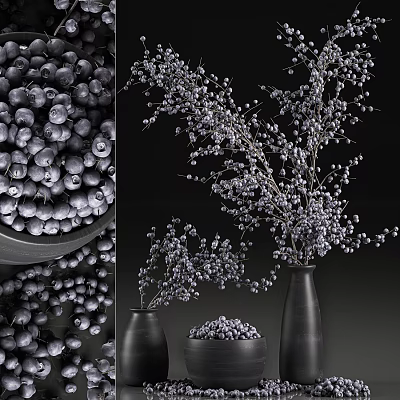 Fresh Ripe Blueberries In Bowl And Decorative Branches Arranged In Black Vases 3d model Fresh Ripe Blueberries In Bowl And Decorative Branches Arranged In Black Vases 3d model