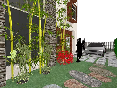 Beautiful Courtyard Garden with Bamboo Plants Red Flowers Green Lawn and Stone Pathway 3d model