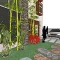 Beautiful Courtyard Garden with Bamboo Plants Red Flowers Green Lawn and Stone Pathway