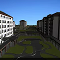 Modern Residential Courtyard Garden Landscape With Green Lawn Central Pond And Covered Walkways