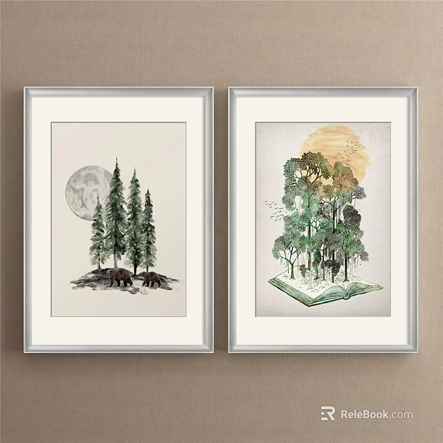 Framed Landscape Paintings Featuring Moon Pine Trees Sun Trees And Open Book Design 3d model
