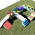 Colorful Outdoor Playground Equipment With Slide Steps Tunnel And Geometric Structures On Grass