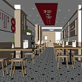 Traditional Restaurant Interior With Red Sign Dishes Pictures Long Tables And Geometric Tiles
