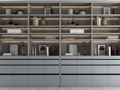 Modern Elegant Decorative Cabinet Design With Layered Shelves Books Vases And Sculptures 3d model