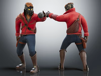 Two 3D Characters Wearing Red Jackets Helmets And Yellow Eyes Interacting With Fist Bump 3d model