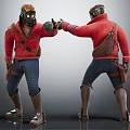 Two 3D Characters Wearing Red Jackets Helmets And Yellow Eyes Interacting With Fist Bump