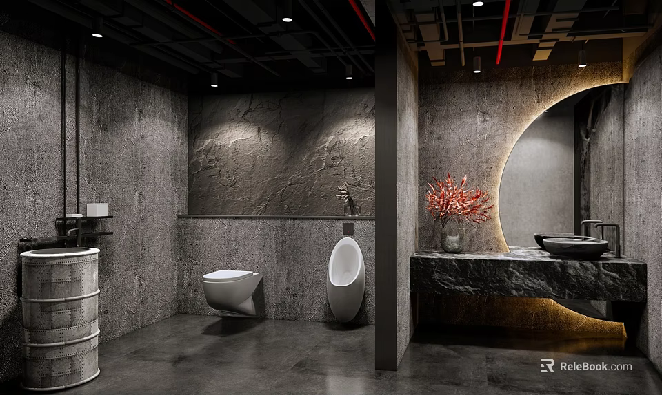 Modern Industrial Style Public Restroom With Concrete Walls Urinal Sink And Red Plant Decor 3d model 