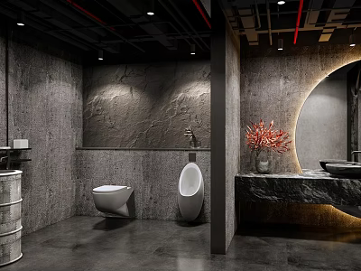 Modern Industrial Style Public Restroom With Concrete Walls Urinal Sink And Red Plant Decor 3d model