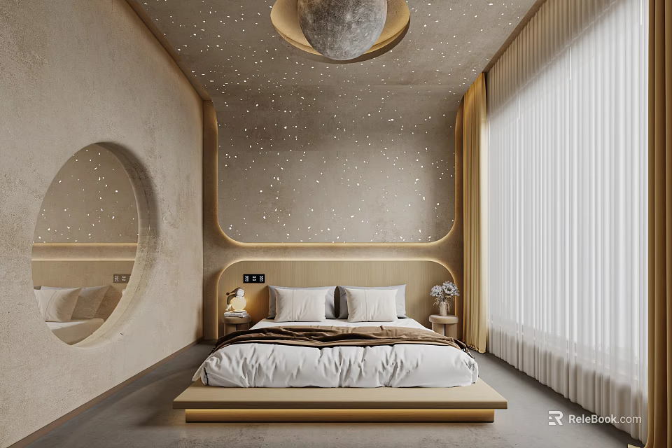 Hotel Guest Room With Starry Ceiling Round Mirror And Wooden Bed Frame Design 3d model 