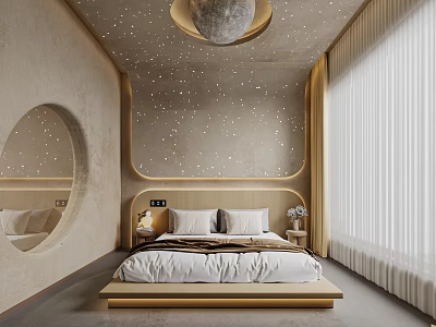 Hotel Guest Room With Starry Ceiling Round Mirror And Wooden Bed Frame Design 3d model