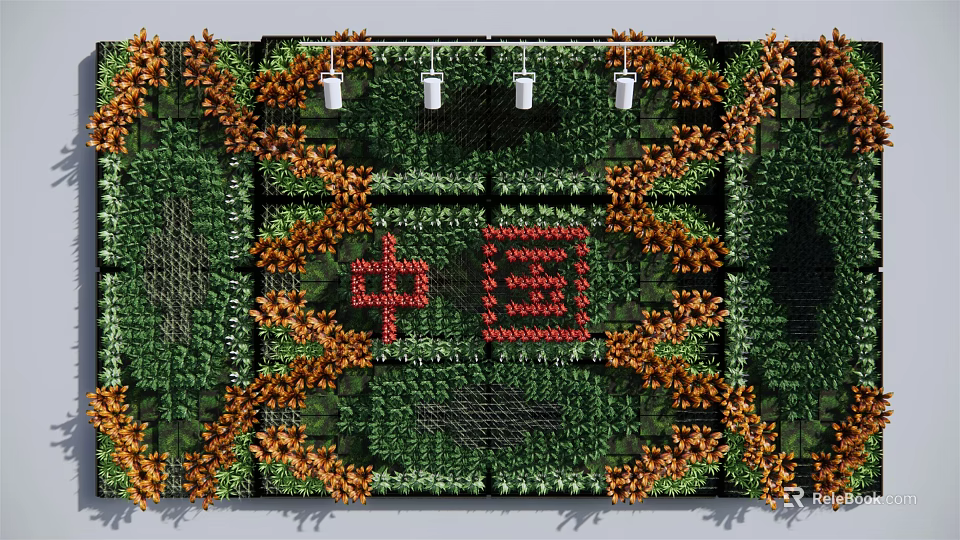 Artistic Landscape Wall With Green Orange Plants And Red Chinese Characters Design 3d model 