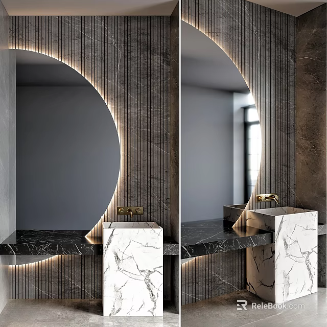 Elegant Luxury Bathroom Vanity Design With Round Mirrors LED Lighting And Marble Countertop 3d model 