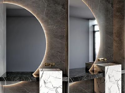 Elegant Luxury Bathroom Vanity Design With Round Mirrors LED Lighting And Marble Countertop 3d model