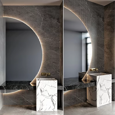Elegant Luxury Bathroom Vanity Design With Round Mirrors LED Lighting And Marble Countertop 3d model