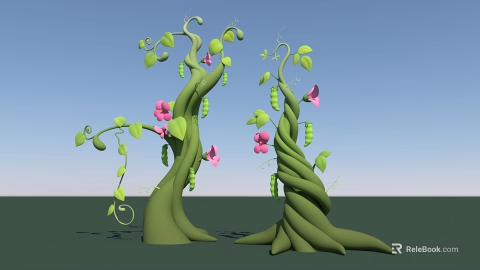 Green Curly Vines With Pink Flowers Pea Pods And Lush Green Leaves 3d model 