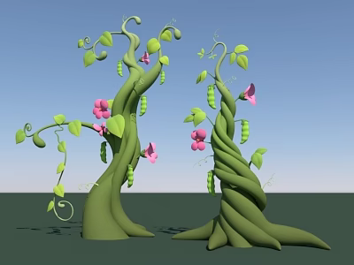 Green Curly Vines With Pink Flowers Pea Pods And Lush Green Leaves 3d model