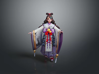 3D Character Woman Wearing Traditional Costume Purple White Robes Red Ribbon Sash Double Bun Hairstyle 3d model