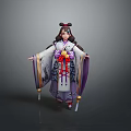 3D Character Woman Wearing Traditional Costume Purple White Robes Red Ribbon Sash Double Bun Hairstyle