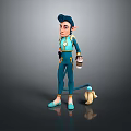 Game and Movie Character in Blue Outfit Holding a Cup with a Tail