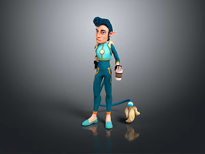 Game and Movie Character in Blue Outfit Holding a Cup with a Tail 3d model