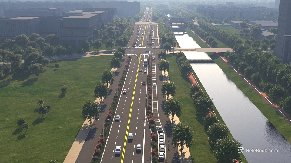 Wide Urban Road Infrastructure With Central Yellow Line Trees Vehicles And Canal 3d model 