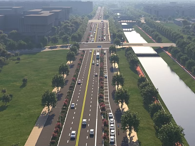Wide Urban Road Infrastructure With Central Yellow Line Trees Vehicles And Canal 3d model