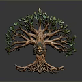 Artistic Decorative Tree Sculpture With Green Leaves Brown Trunk And Intricate Roots