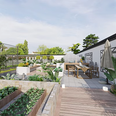 Traditional Garden Landscape With Wooden Deck Dining Table Greenhouse Planter Boxes And Green Plants 3d model