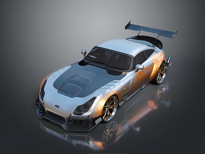 Sleek Silver And Orange Modified Sports Car With Rear Spoiler And Alloy Wheels 3d model