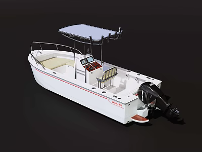Modern White Yacht With Blue Canopy Control Panel Seats And Outboard Motor 3d model