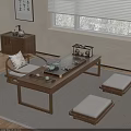 Chinese Traditional Wooden Tea Table Design With Tea Sets And Cushioned Stools In Living Room