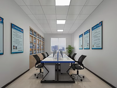 Public Office Space With Long Table Office Chairs File Cabinets Wall Posters And Potted Plant 3d model