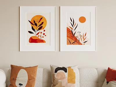 Abstract Paintings With Orange Circle Leaves Red Shapes And Botanical Elements 3d model