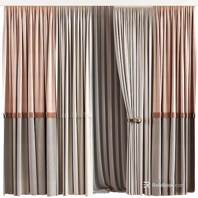 Stylish Curtain Design With Striped Patterns Mixed Tones Bottom Grid And Brass Hook Details 3d model 