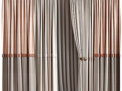 Stylish Curtain Design With Striped Patterns Mixed Tones Bottom Grid And Brass Hook Details 3d model