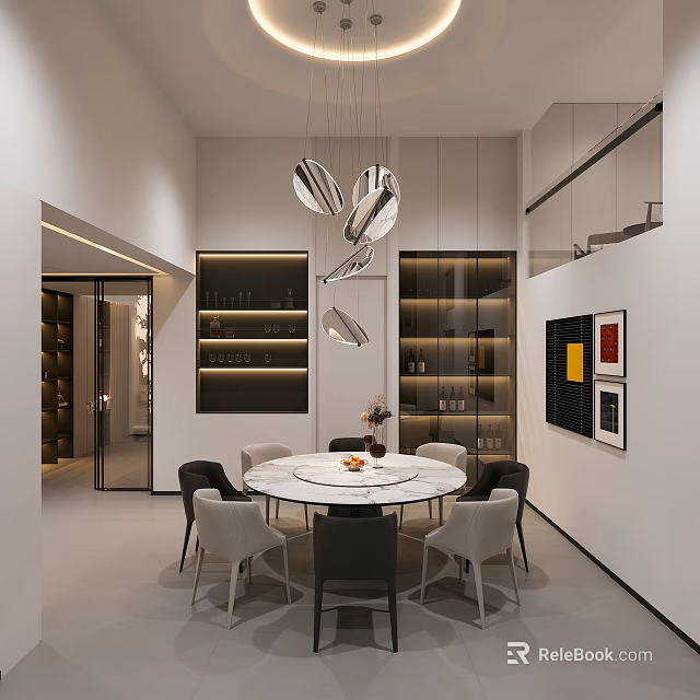 Modern Restaurant Interior Design With Round Marble Dining Table Pendant Lights And Illuminated Shelves 3d model 