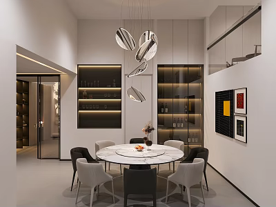 Modern Restaurant Interior Design With Round Marble Dining Table Pendant Lights And Illuminated Shelves 3d model