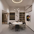 Modern Restaurant Interior Design With Round Marble Dining Table Pendant Lights And Illuminated Shelves